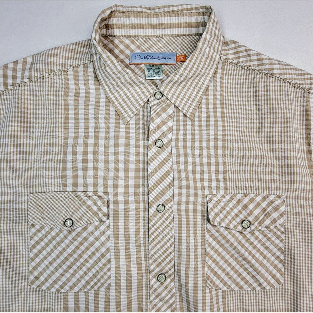 Quiksilver Western Shirt Mens‎ XL Beige Check Snaps Long Sleeve Great Stitching